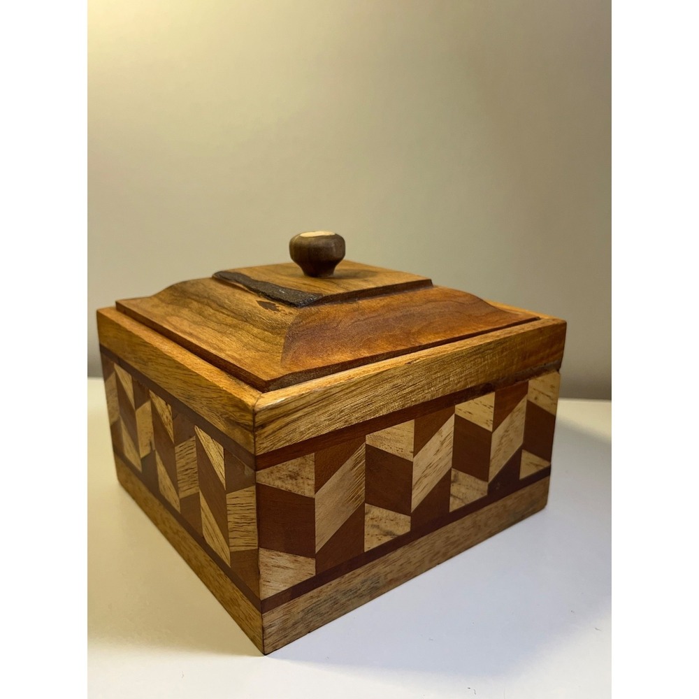 Beautiful Handmade Vintage MCM Retro BohoParquetry Marquetry Wooden Box With Lid - Picture 5 of 13